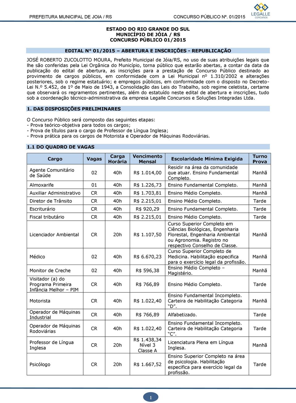 prestação de Concurso Público destinado ao provimento de cargos públicos, em conformidade com a Lei Municipal nº 1.