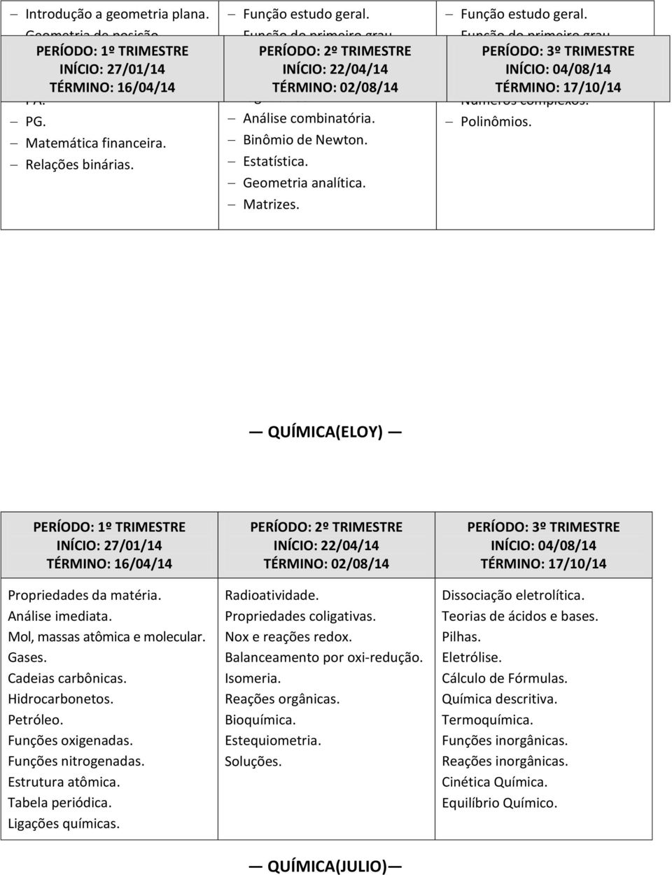 Função do segundo 3º TRIMESTRE grau. Trigonometria. Números complexos. Polinômios. QUÍMICA(ELOY) Propriedades da matéria. Análise imediata. Mol, massas atômica e molecular. Gases. Cadeias carbônicas.