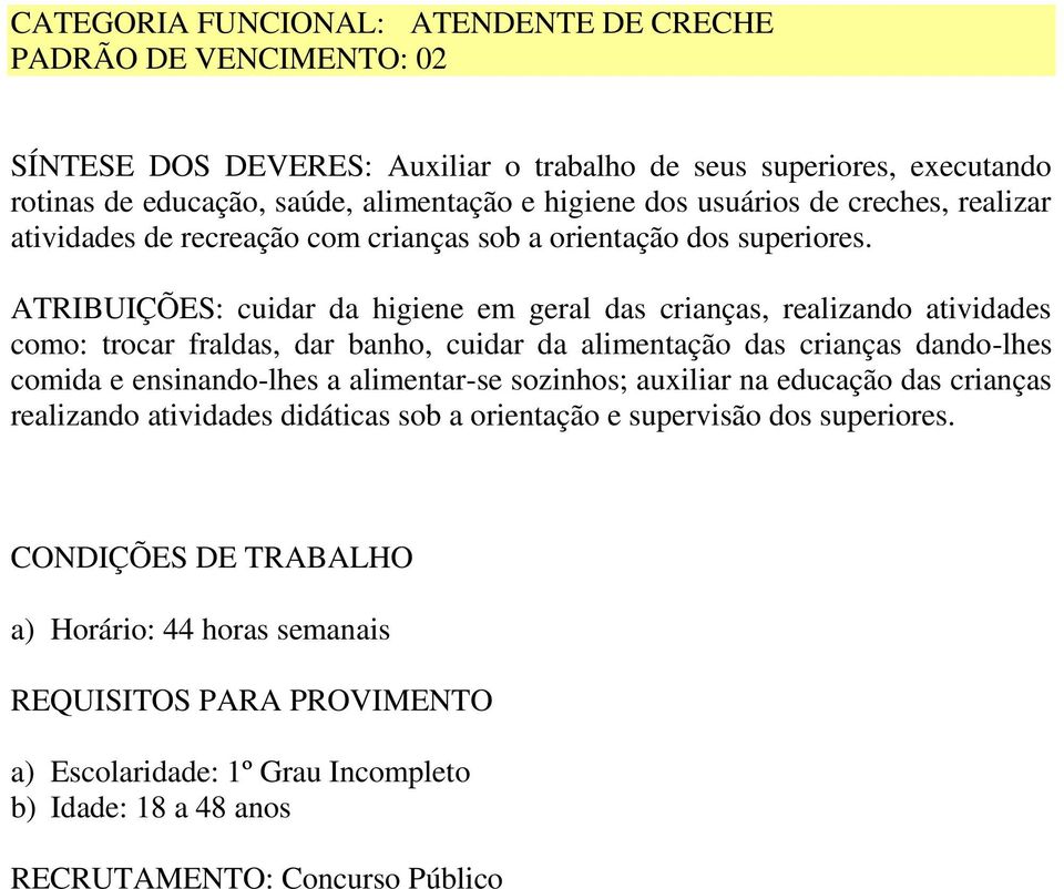 ATRIBUIÇÕES: cuidar da higiene em geral das crianças, realizando atividades como: trocar fraldas, dar banho, cuidar da alimentação das crianças dando-lhes comida e ensinando-lhes a