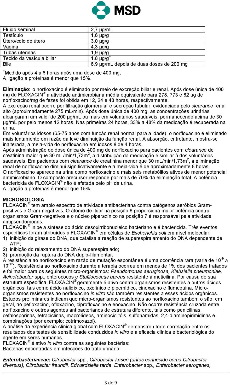 Eliminação: o norfloxacino é eliminado por meio de excreção biliar e renal.