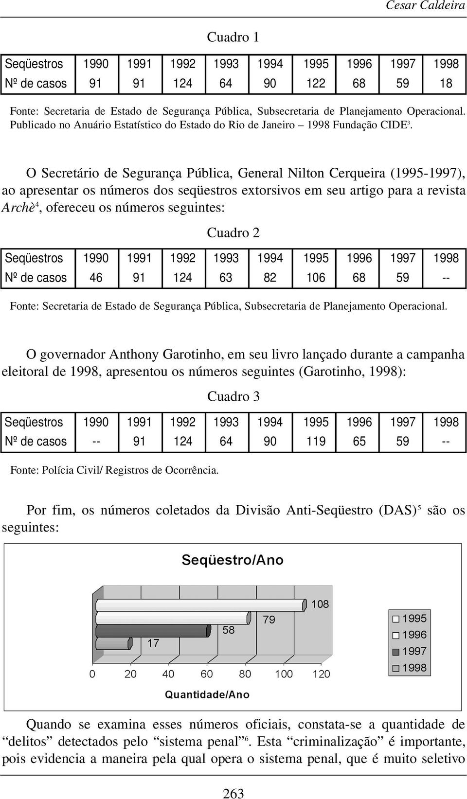 O Secretário de Segurança Pública, General Nilton Cerqueira (1995-1997), ao apresentar os números dos seqüestros extorsivos em seu artigo para a revista Archè 4, ofereceu os números seguintes: Cuadro