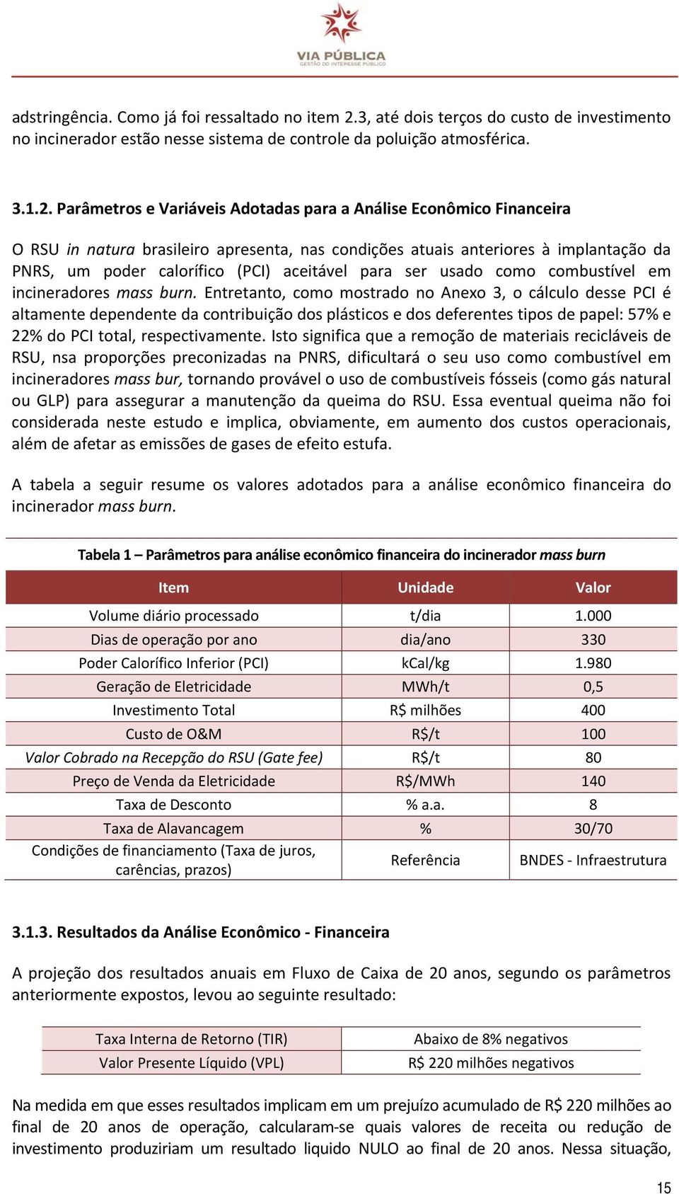 Parâmetros e Variáveis Adotadas para a Análise Econômico Financeira O RSU in natura brasileiro apresenta, nas condições atuais anteriores à implantação da PNRS, um poder calorífico (PCI) aceitável