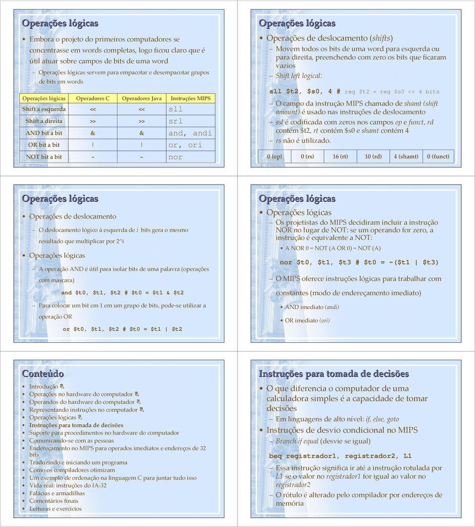 Instruções MIPS sll srl and, andi or, ori nor Operações lógicasl Operações de deslocamento (shifts) Movem todos os bits de uma wordpara esquerda ou para direita, preenchendo com zero os bits que