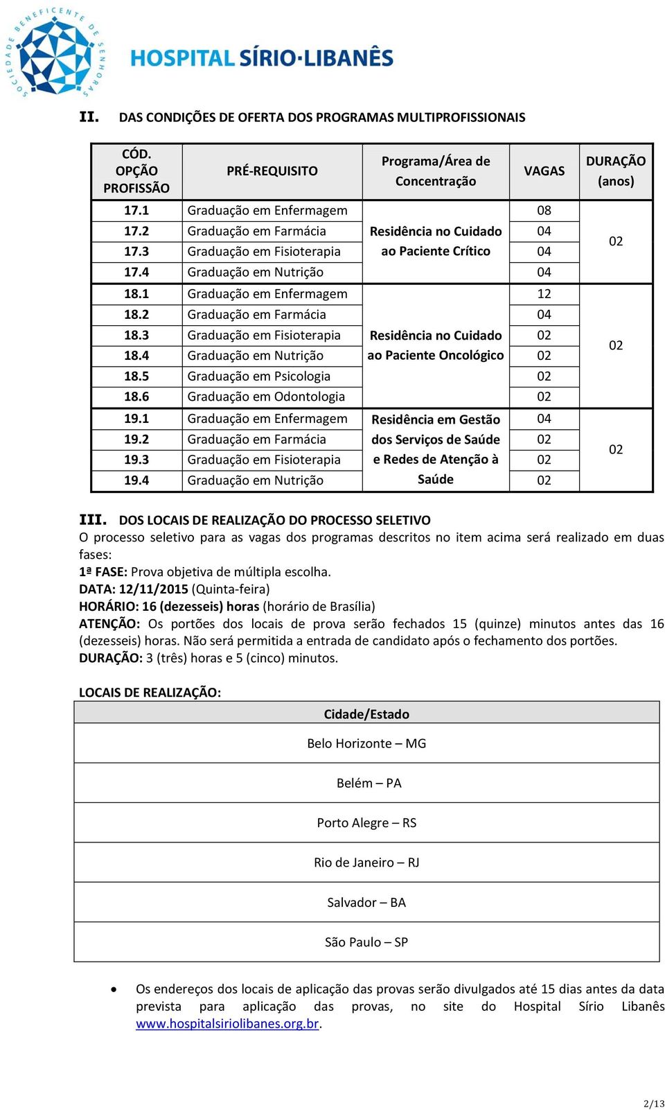 3 Graduação em Fisioterapia Residência no Cuidado 02 18.4 Graduação em Nutrição ao Paciente Oncológico 02 18.5 Graduação em Psicologia 02 18.6 Graduação em Odontologia 02 19.1 19.2 19.3 19.