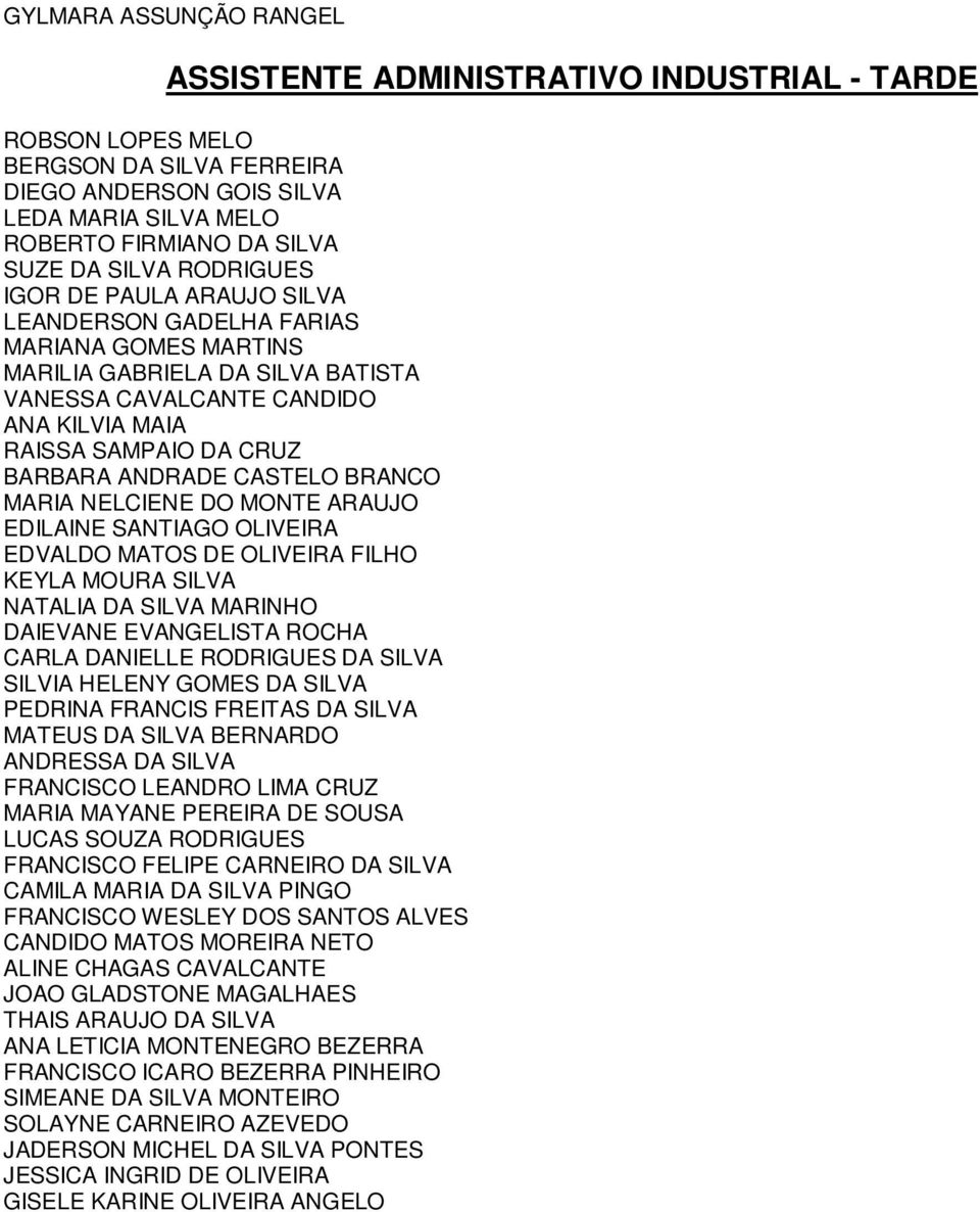 ANDRADE CASTELO BRANCO MARIA NELCIENE DO MONTE ARAUJO EDILAINE SANTIAGO OLIVEIRA EDVALDO MATOS DE OLIVEIRA FILHO KEYLA MOURA SILVA NATALIA DA SILVA MARINHO DAIEVANE EVANGELISTA ROCHA CARLA DANIELLE