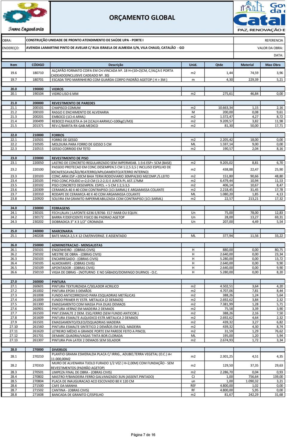 30) m2 1,44 74,59 3,96 19.7 180701 ESCADA TIPO MARINHEIRO COM GUARDA CORPO PADRÃO AGETOP ( H > 3M ) m 4,30 229,39 5,21 20.0 190000 VIDROS 20.1 190104 VIDRO LISO 6 MM m2 275,61 46,84 0,00 21.