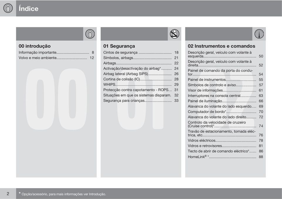 .. 24 Painel de comando da porta do condutor... 54 Airbag lateral (Airbag SIPS)... 26 Cortina de colisão (IC)... 28 Painel de instrumentos... 55 WHIPS... 29 Símbolos de controlo e aviso.