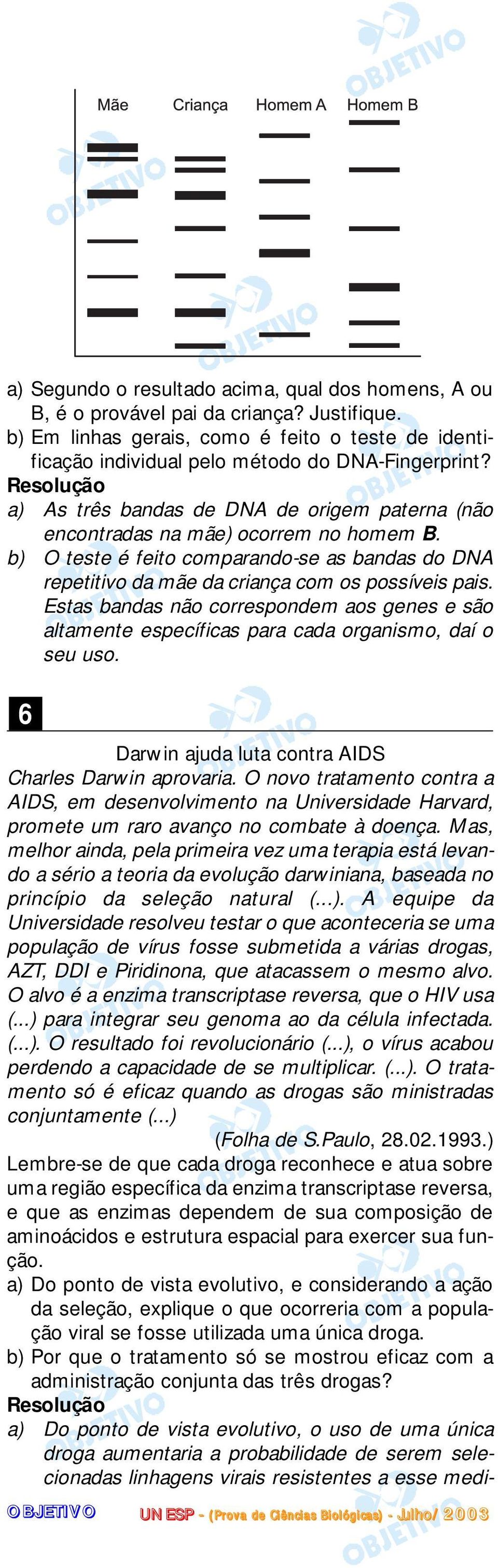 Estas bandas não correspondem aos genes e são altamente específicas para cada organismo, daí o seu uso. 6 Darwin ajuda luta contra AIDS Charles Darwin aprovaria.