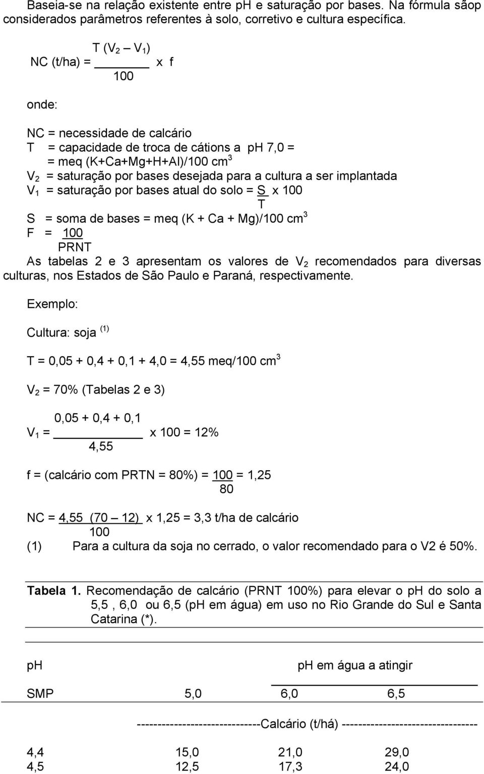 implantada V 1 = saturação por bases atual do solo = S x 100 T S = soma de bases = meq (K + Ca + Mg)/100 cm 3 F = 100 PRNT As tabelas 2 e 3 apresentam os valores de V 2 recomendados para diversas