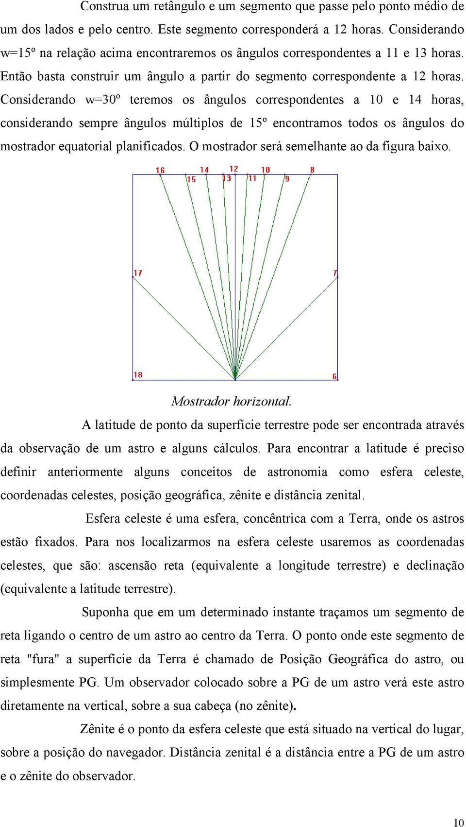 Considerando w=30º teremos os ângulos correspondentes a 10 e 14 horas, considerando sempre ângulos múltiplos de 15º encontramos todos os ângulos do mostrador equatorial planificados.