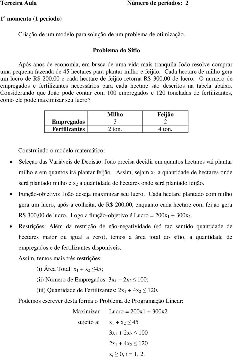 Cada hectare de milho gera um lucro de R$ 200,00 e cada hectare de feijão retorna R$ 300,00 de lucro.