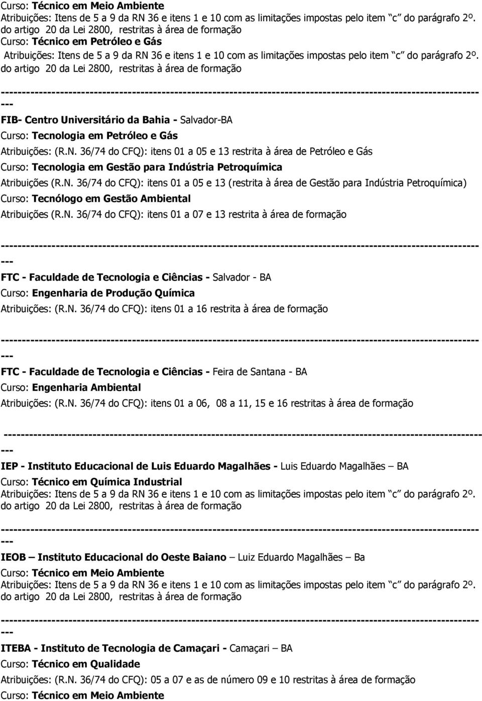 36/74 do CFQ): itens 01 a 05 e 13 (restrita à área de Gestão para Indústria Petroquímica) Curso: Tecnólogo em Gestão Ambiental Atribuições (R.N.