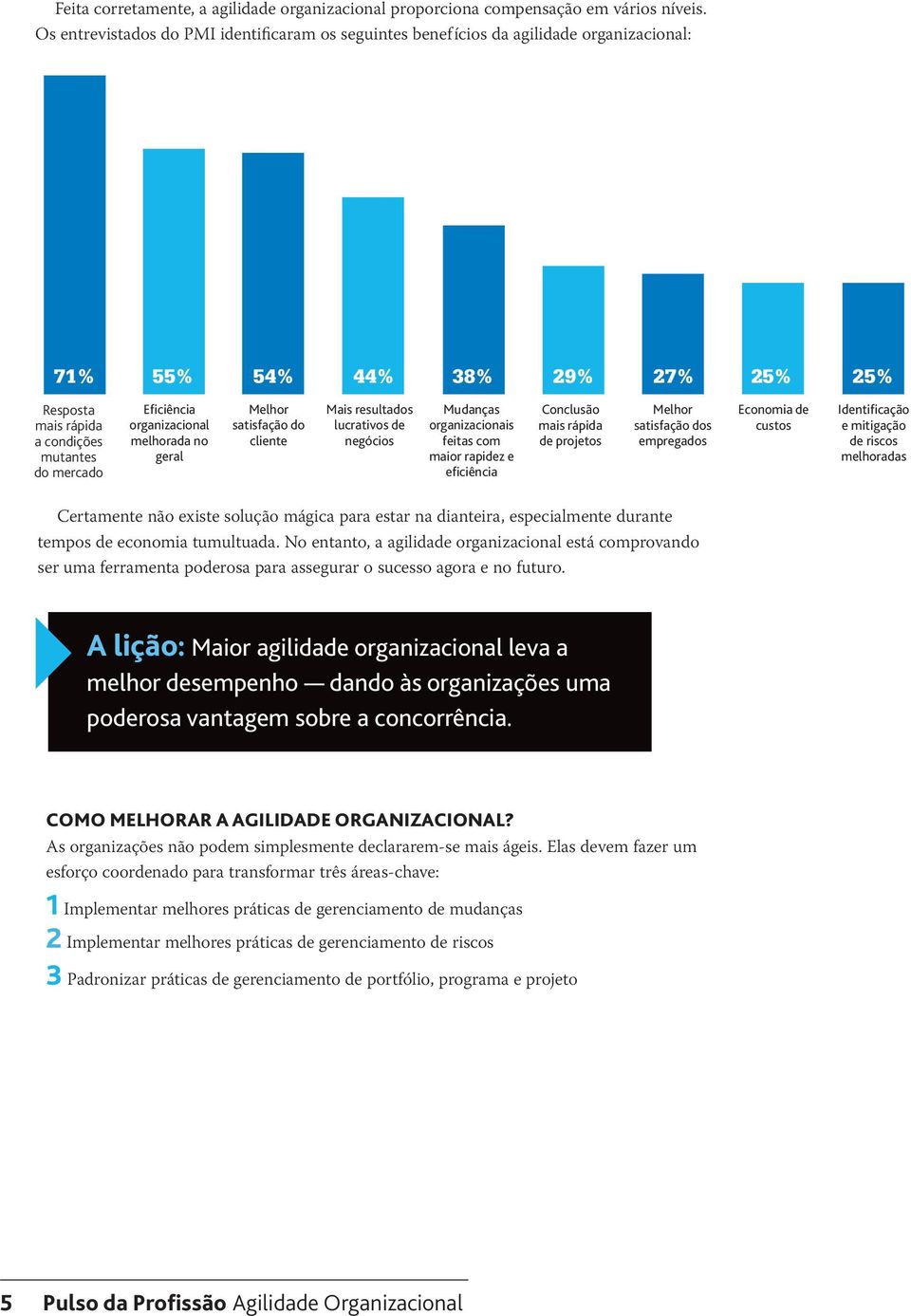 organizacional melhorada no geral Melhor satisfação do cliente Mais resultados lucrativos de negócios Mudanças organizacionais feitas com maior rapidez e eficiência Conclusão mais rápida de projetos