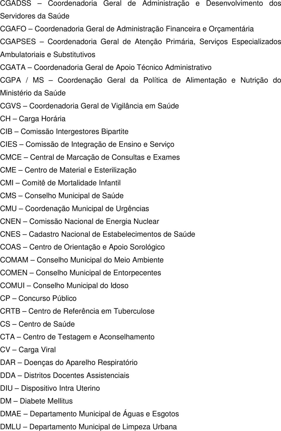 Ministério da Saúde CGVS Coordenadoria Geral de Vigilância em Saúde CH Carga Horária CIB Comissão Intergestores Bipartite CIES Comissão de Integração de Ensino e Serviço CMCE Central de Marcação de