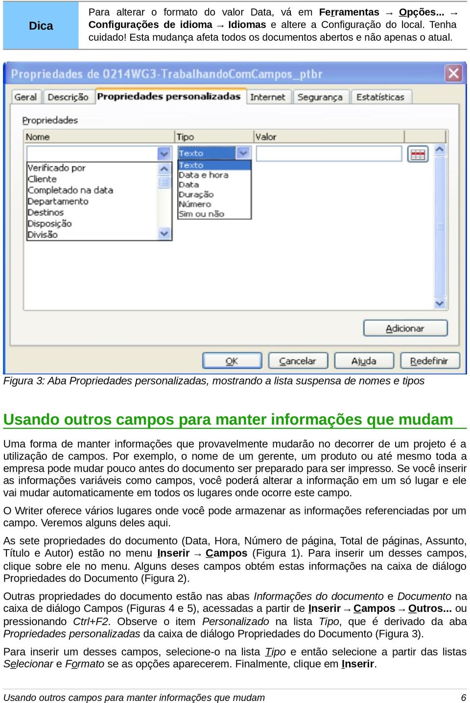 Figura 3: Aba Propriedades personalizadas, mostrando a lista suspensa de nomes e tipos Usando outros campos para manter informações que mudam Uma forma de manter informações que provavelmente mudarão