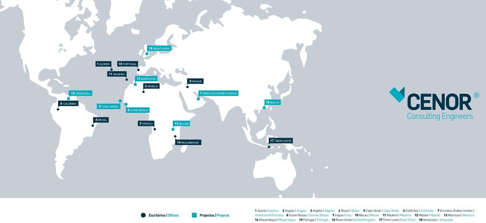 5 Cabo Verde Cape Verde 6 Colômbia Colombia 7 Emiratos Árabes Unidos United Arab Emirates 8 Guiné-Bissau Guinea-Bissau 9 Iraque Iraq 10 Macau Macao 11 Madeira