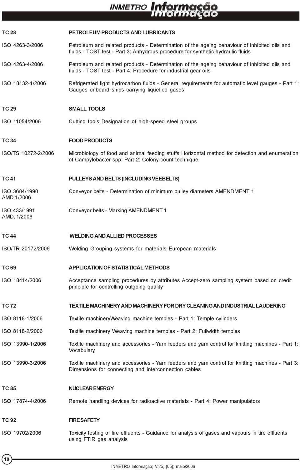 gear oiis ISO 18132-1/2006 Refrigerated Iight hydrocarbon fluids - General requirements for automatic levei gauges - Part 1: Gauges onboard ships carrying liquefied gases TC 29 ISO 11054/2006 SMALL