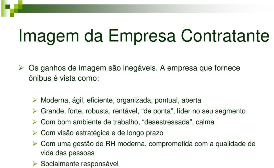 forte, robusta, rentável, de ponta, líder no seu segmento Com bom ambiente de trabalho, desestressada,