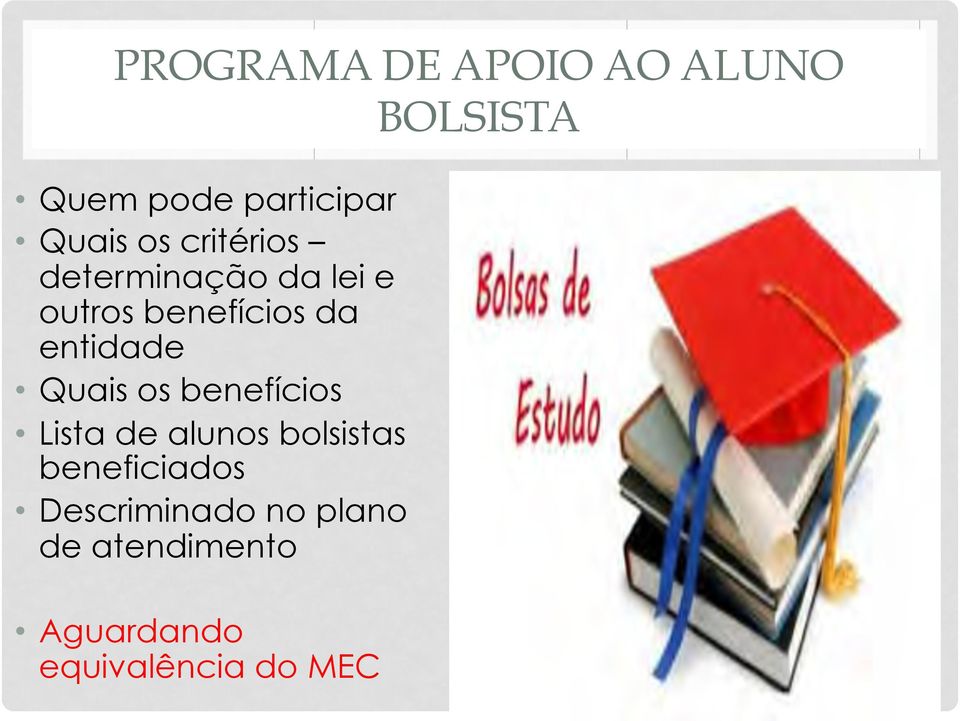 entidade Quais os benefícios Lista de alunos bolsistas