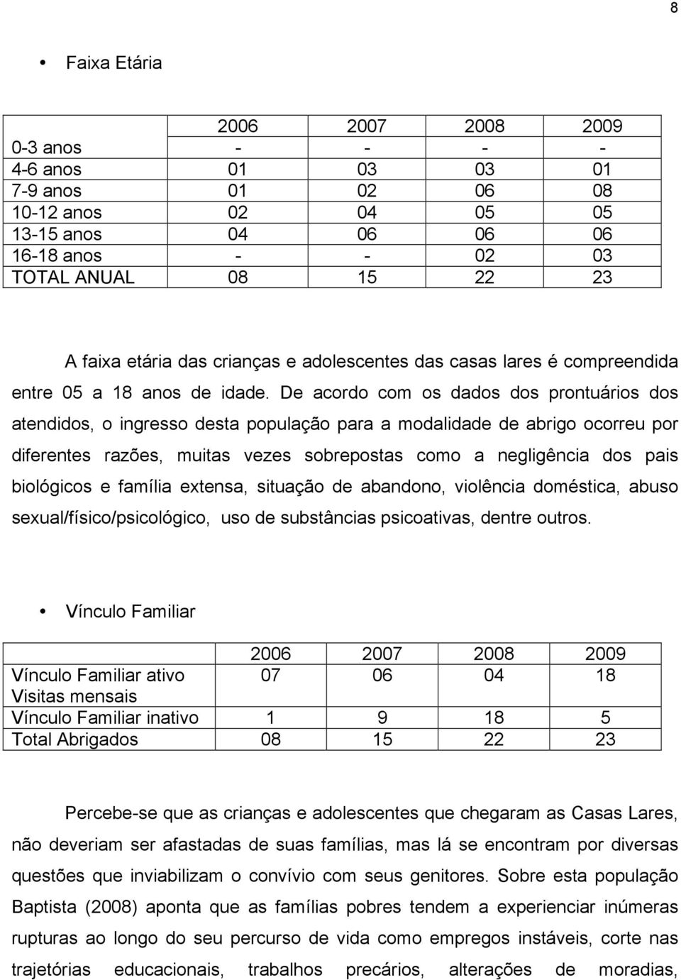 De acordo com os dados dos prontuários dos atendidos, o ingresso desta população para a modalidade de abrigo ocorreu por diferentes razões, muitas vezes sobrepostas como a negligência dos pais