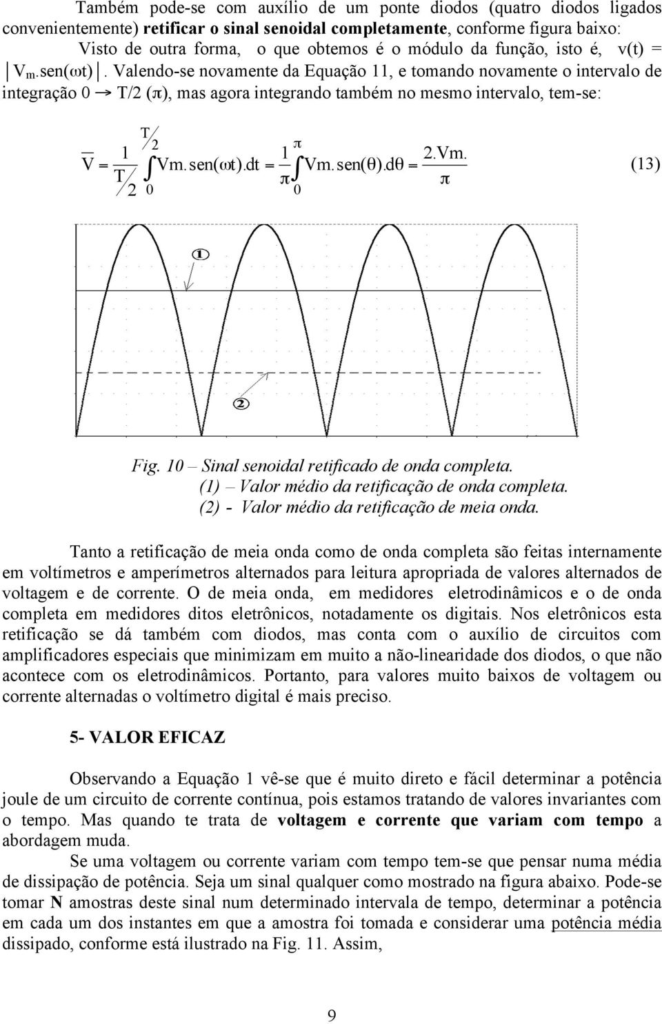 dt = θ θ = π m.sen( ).d T π 0 0 π (3) Fig. 0 Sinal senoidal retificado de onda completa. () alor médio da retificação de onda completa. () - alor médio da retificação de meia onda.