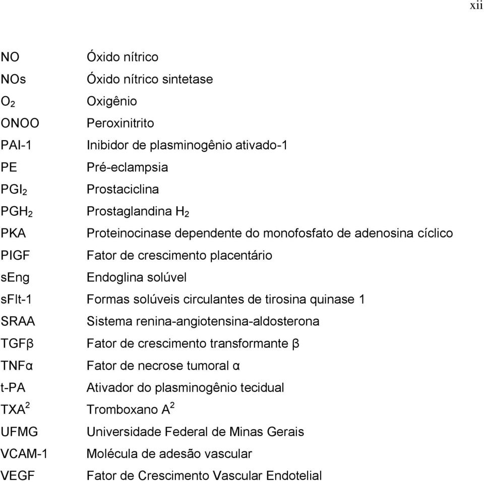 solúveis circulantes de tirosina quinase 1 SRAA TGFβ Sistema renina-angiotensina-aldosterona Fator de crescimento transformante β TNFα t-pa TXA 2 UFMG VCAM-1 Fator de