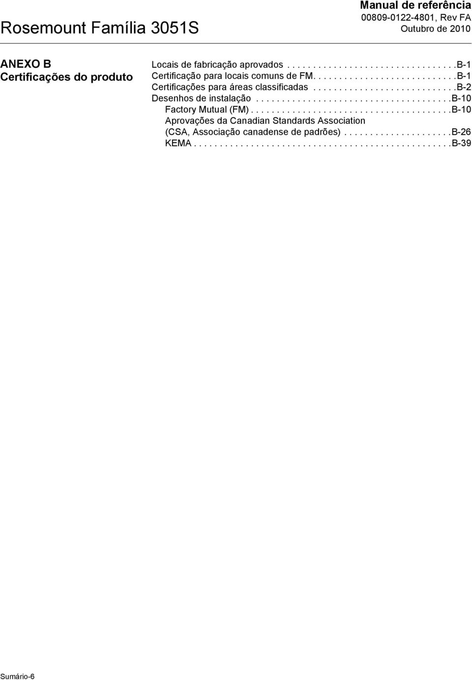 ...........................b-2 Desenhos de instalação......................................b-10 Factory Mutual (FM).