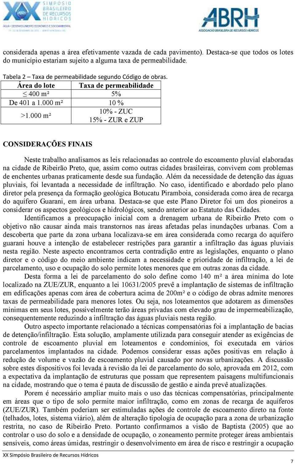 000 m² 10% - ZUC 15% - ZUR e ZUP CONSIDERAÇÕES FINAIS Neste trabalho analisamos as leis relacionadas ao controle do escoamento pluvial elaboradas na cidade de Ribeirão Preto, que, assim como outras