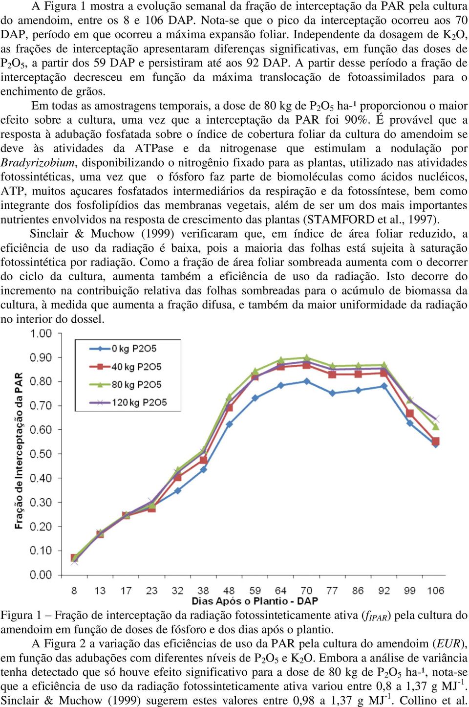 Independente da dosagem de K 2 O, as frações de interceptação apresentaram diferenças significativas, em função das doses de P 2 O 5, a partir dos 59 DAP e persistiram até aos 92 DAP.