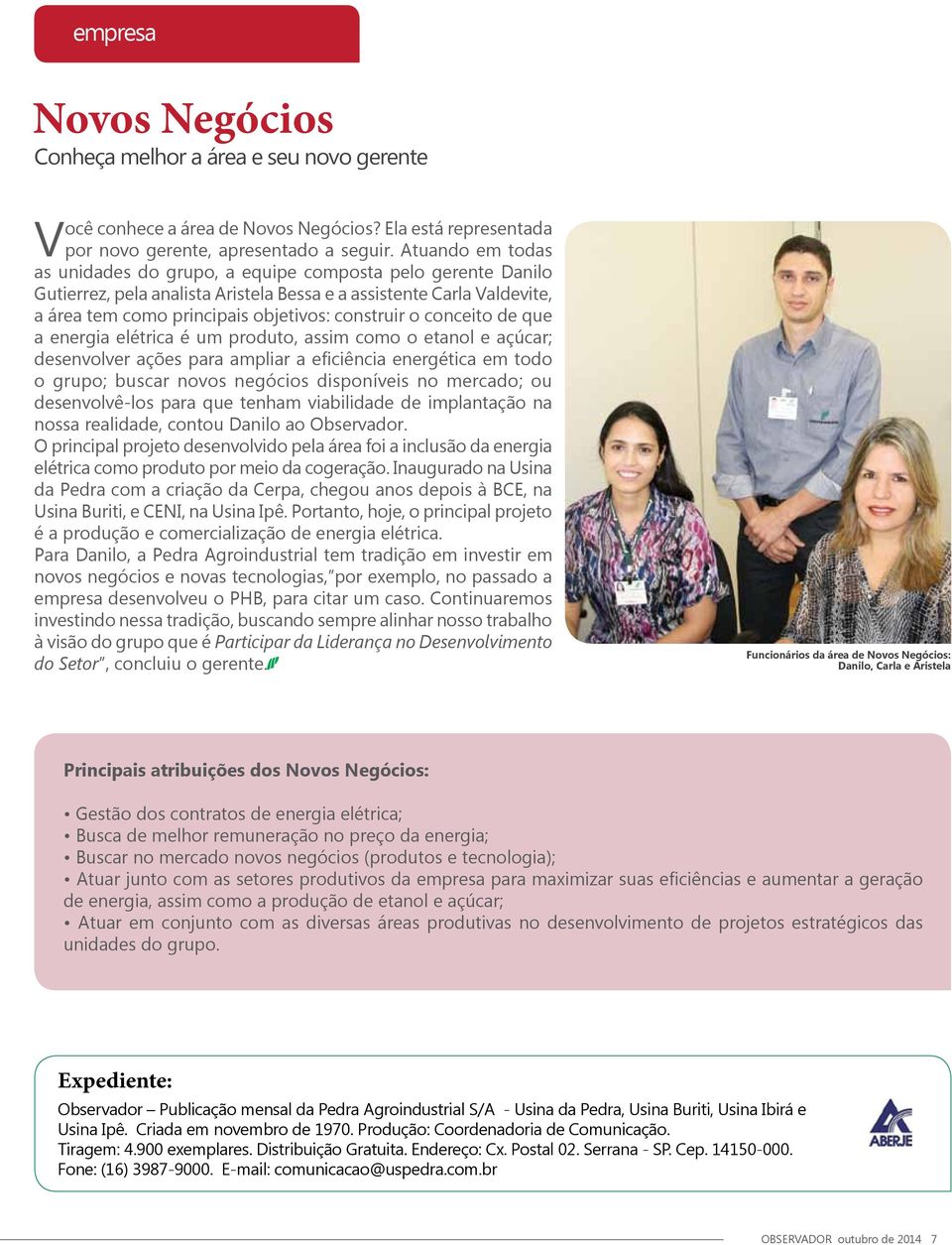 conceito de que a energia elétrica é um produto, assim como o etanol e açúcar; desenvolver ações para ampliar a eficiência energética em todo o grupo; buscar novos negócios disponíveis no mercado; ou