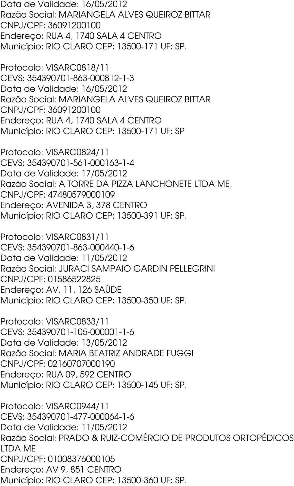 RIO CLARO CEP: 13500-171 UF: SP Protocolo: VISARC0824/11 CEVS: 354390701-561-000163-1-4 Data de Validade: 17/05/2012 Razão Social: A TORRE DA PIZZA LANCHONETE LTDA ME.