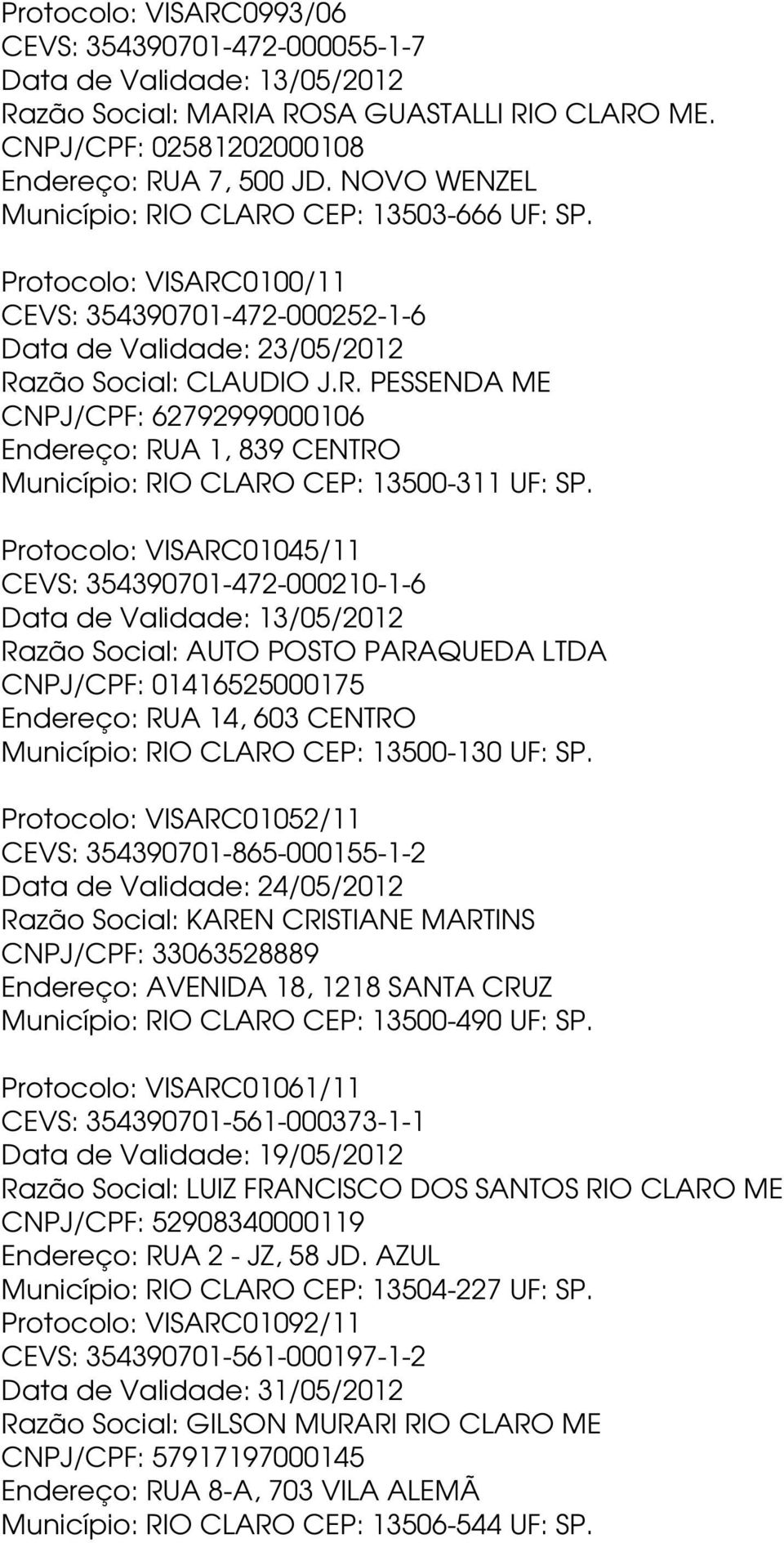 Protocolo: VISARC01045/11 CEVS: 354390701-472-000210-1-6 Data de Validade: 13/05/2012 Razão Social: AUTO POSTO PARAQUEDA LTDA CNPJ/CPF: 01416525000175 Endereço: RUA 14, 603 CENTRO Município: RIO
