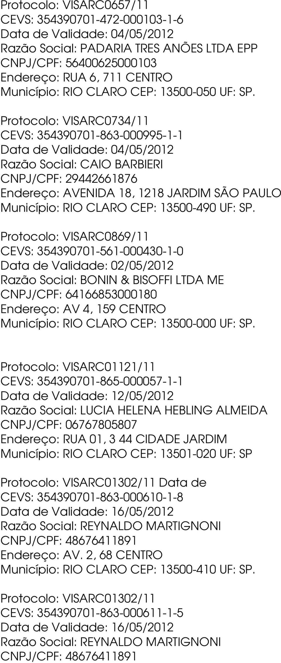 Protocolo: VISARC0734/11 CEVS: 354390701-863-000995-1-1 Data de Validade: 04/05/2012 Razão Social: CAIO BARBIERI CNPJ/CPF: 29442661876 Endereço: AVENIDA 18, 1218 JARDIM SÃO PAULO Município: RIO CLARO