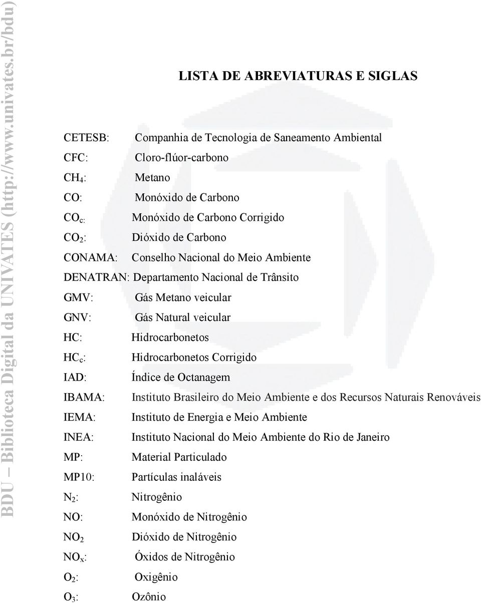 Hidrocarbonetos Corrigido IAD: Índice de Octanagem IBAMA: Instituto Brasileiro do Meio Ambiente e dos Recursos Naturais Renováveis IEMA: Instituto de Energia e Meio Ambiente INEA: Instituto