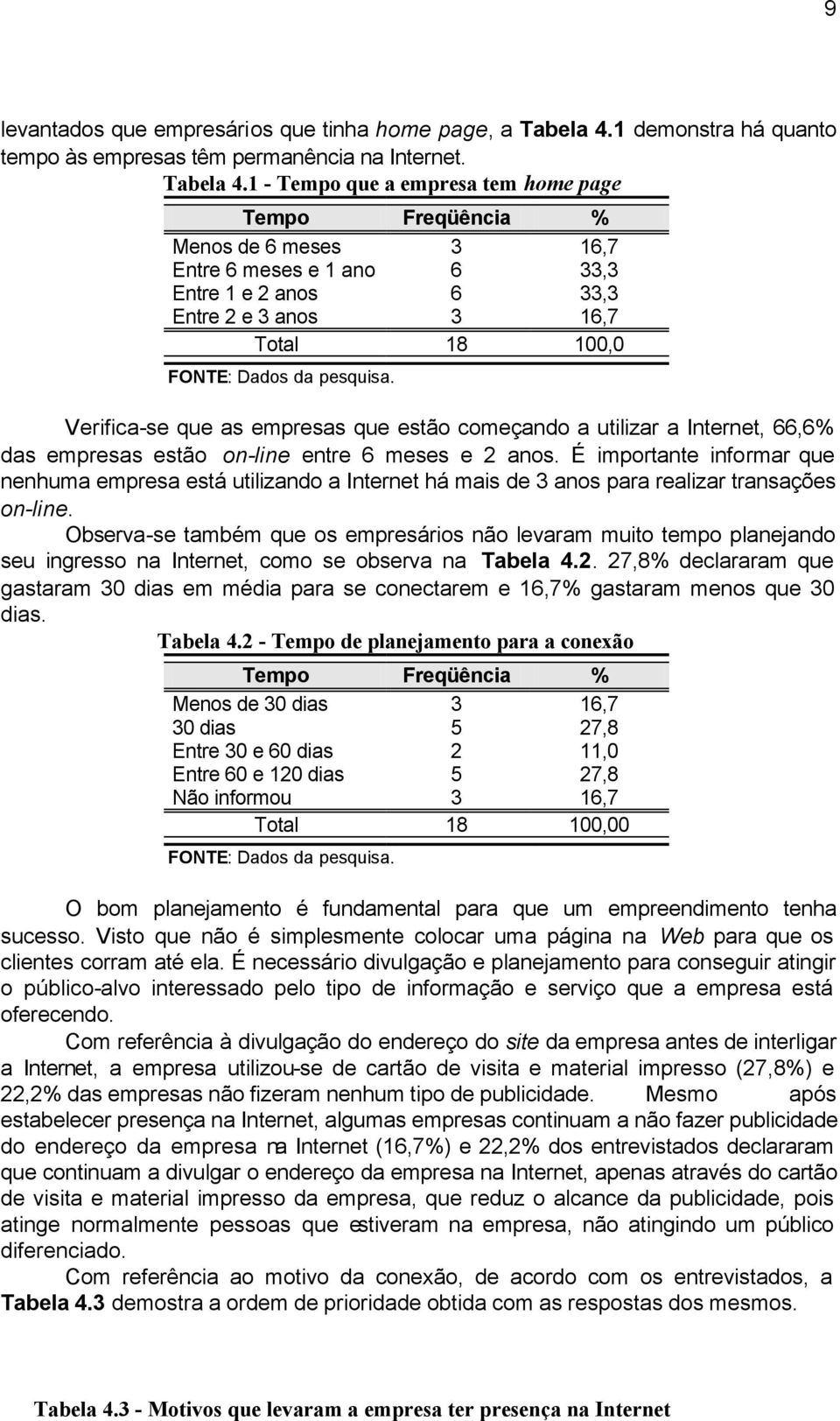 1 - Tempo que a empresa tem home page Tempo Freqüência % Menos de 6 meses 3 16,7 Entre 6 meses e 1 ano 6 33,3 Entre 1 e 2 anos 6 33,3 Entre 2 e 3 anos 3 16,7 Total 18 100,0 FONTE: Dados da pesquisa.