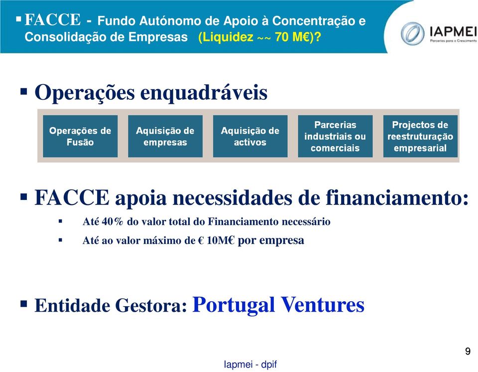 Operações enquadráveis FACCE apoia necessidades de financiamento: Até