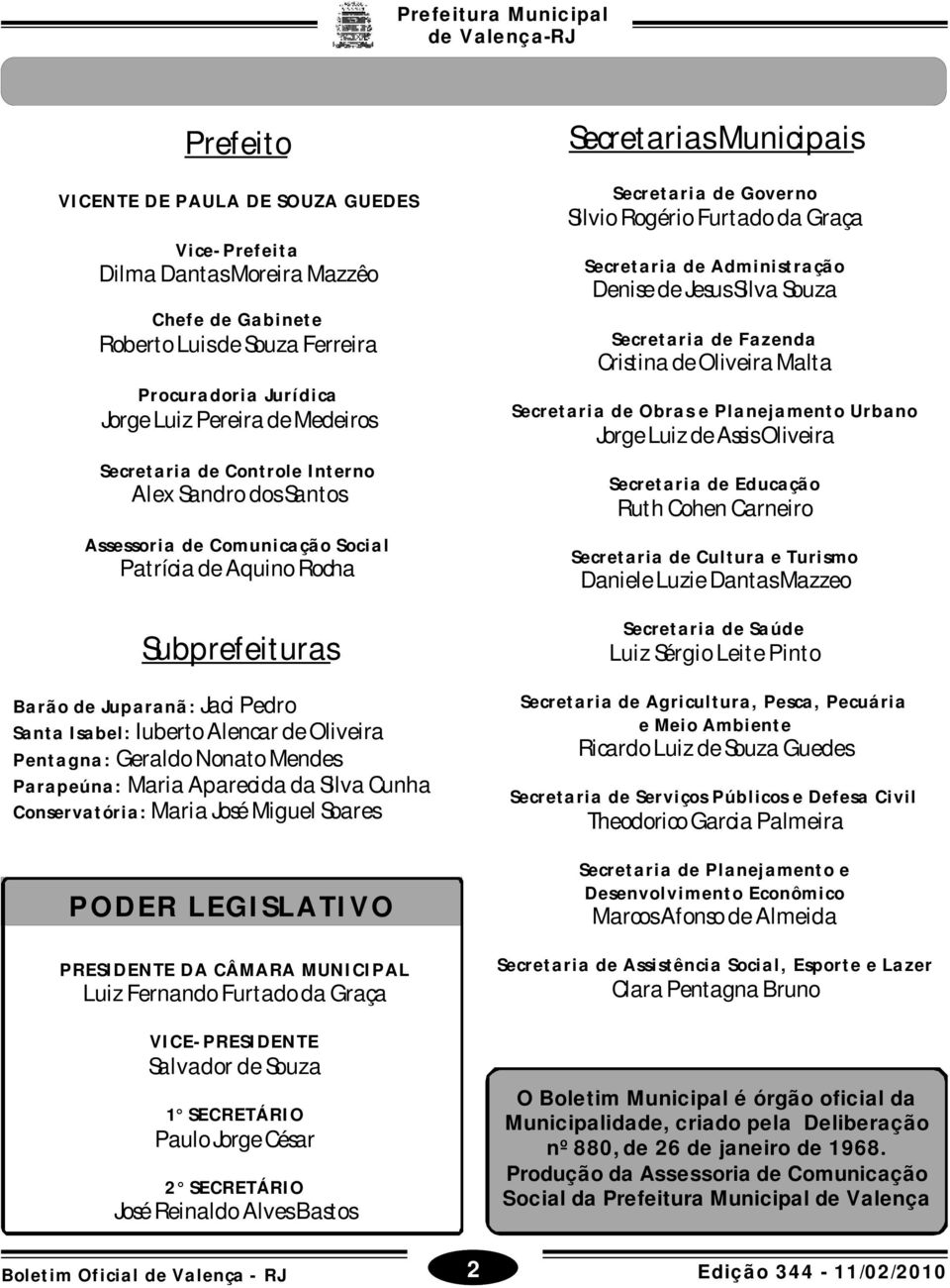 Maria Aparecida da Silva Cunha Conservatória: Maria José Miguel Soares PODER LEGISLATIVO PRESIDENTE DA CÂMARA MUNICIPAL Luiz Fernando Furtado da Graça VICE-PRESIDENTE Salvador de Souza 1 SECRETÁRIO