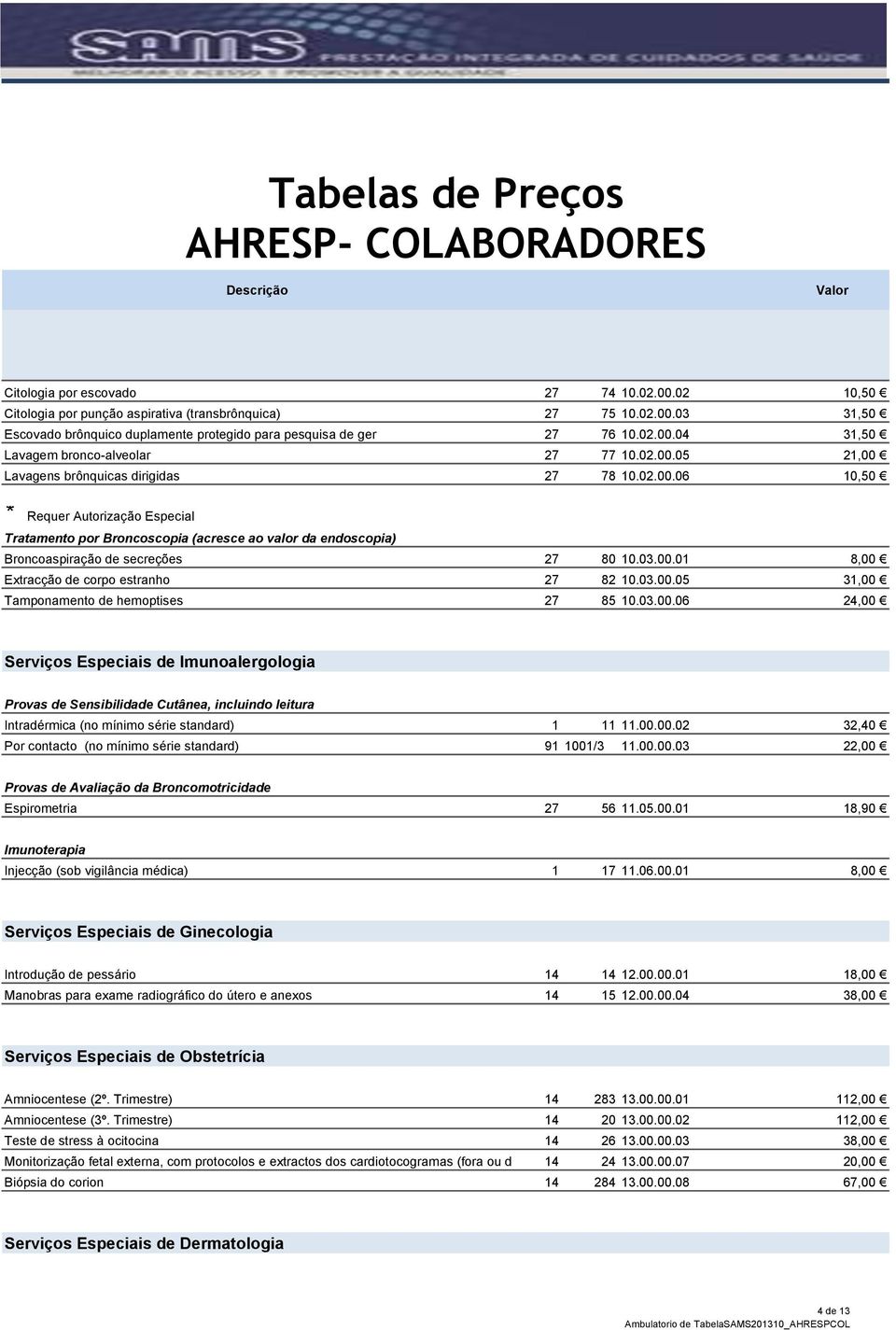 03.00.01 8,00 Extracção de corpo estranho 27 82 10.03.00.05 31,00 Tamponamento de hemoptises 27 85 10.03.00.06 24,00 Serviços Especiais de Imunoalergologia Provas de Sensibilidade Cutânea, incluindo leitura Intradérmica (no mínimo série standard) 1 11 11.