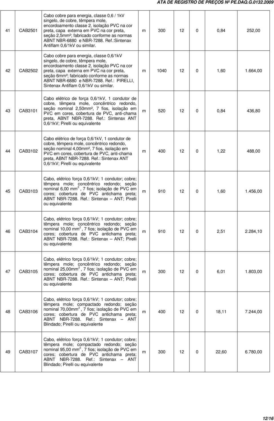 Cabo cobre para energia, classe 0,6/1kV singelo, de cobre, têmpera mole, encordoamento classe 2, isolação PVC na cor preta, capa externa em PVC na cor preta, seção 6mm²; fabricado conforme as normas