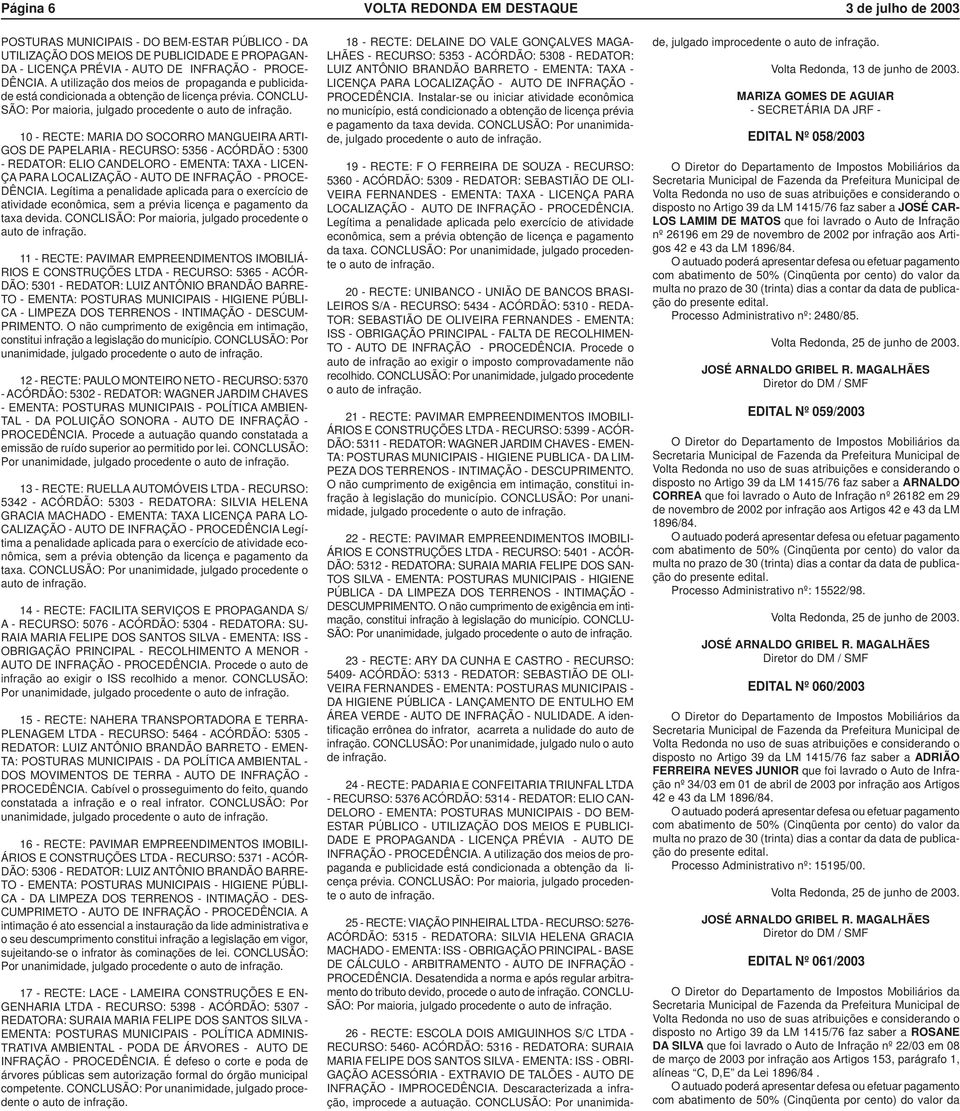 10 - RECTE: MARIA DO SOCORRO MANGUEIRA ARTI- GOS DE PAPELARIA - RECURSO: 5356 - ACÓRDÃO : 5300 - REDATOR: ELIO CANDELORO - EMENTA: TAXA - LICEN- ÇA PARA LOCALIZAÇÃO - AUTO - PROCE- DÊNCIA.