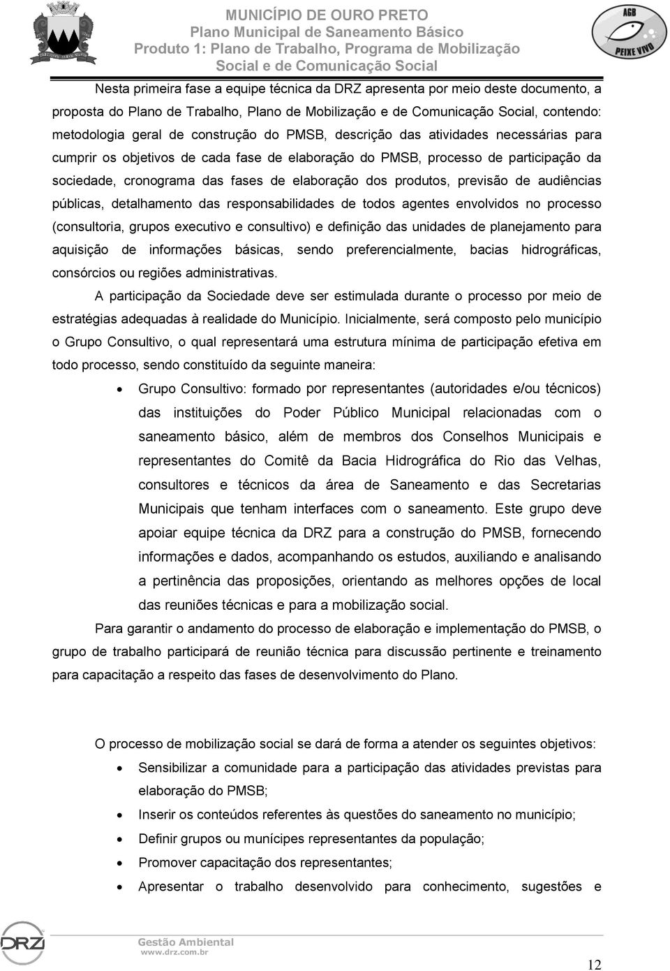 produtos, previsão de audiências públicas, detalhamento das responsabilidades de todos agentes envolvidos no processo (consultoria, grupos executivo e consultivo) e definição das unidades de