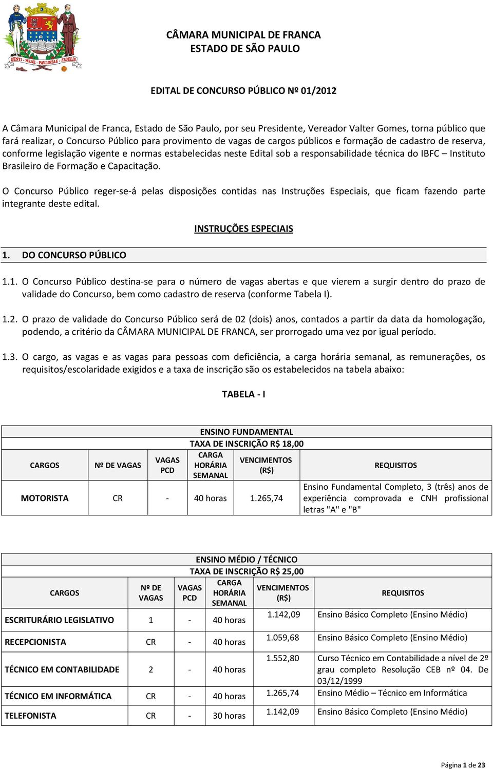 e Capacitação. O Concurso Público reger-se-á pelas disposições contidas nas Instruções Especiais, que ficam fazendo parte integrante deste edital. 1.