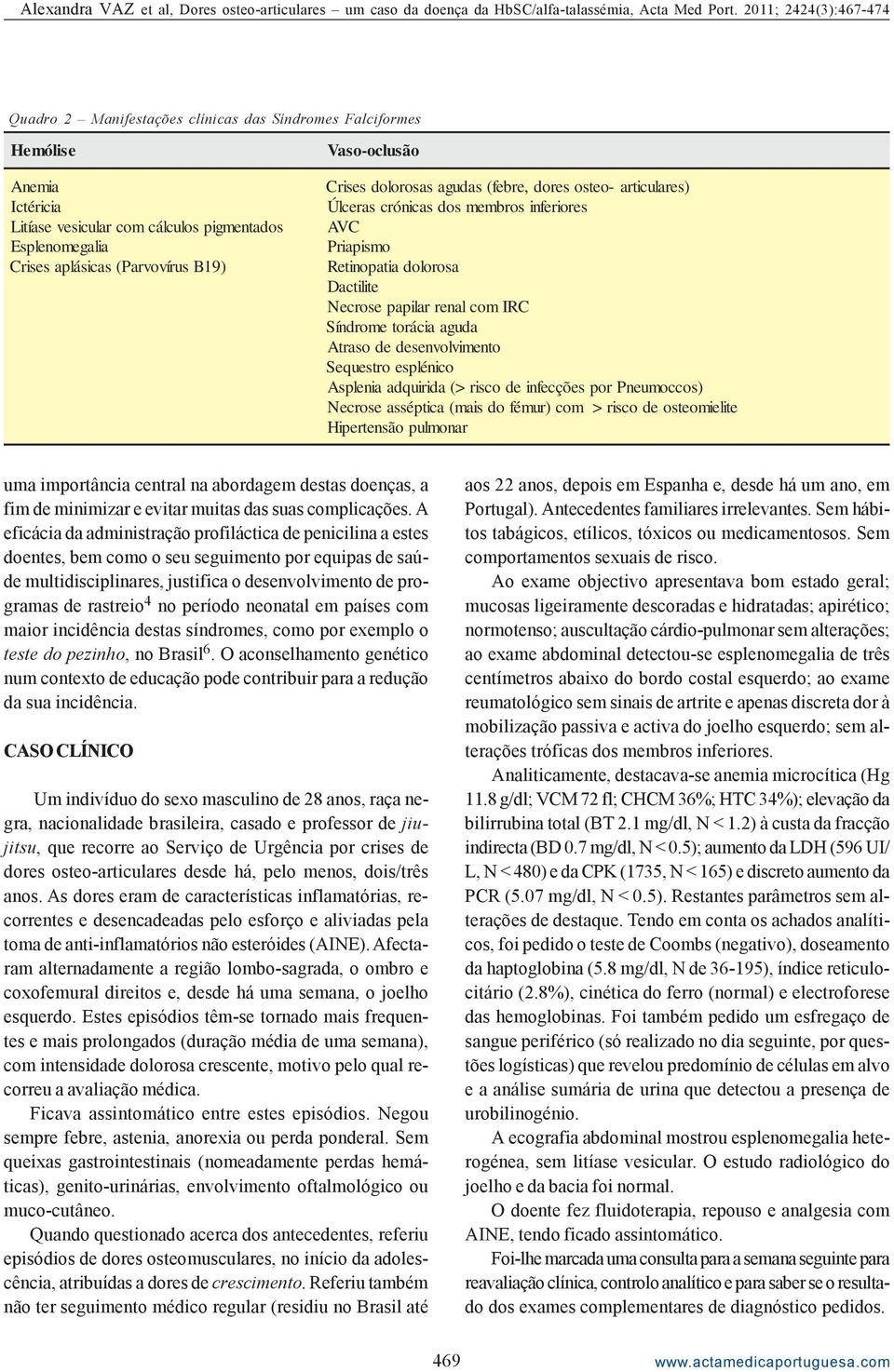 Vaso-oclusã o Crises dolorosas agudas (febre, dores osteo- articulares) Úlceras crónicas dos membros inferiores AVC Priapismo Retinopatia dolorosa Dactilite Necrose papilar renal com IRC Síndrome