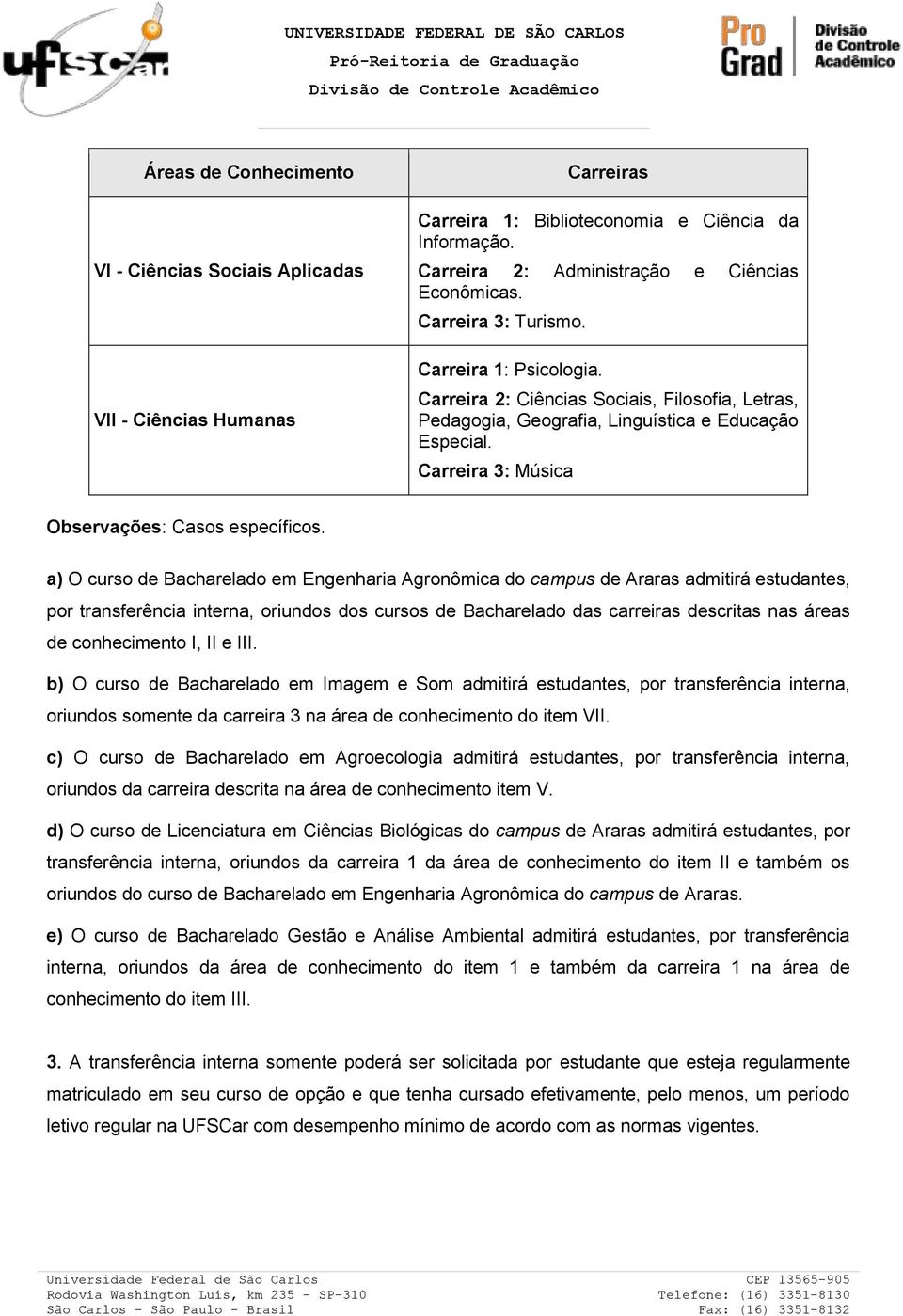 a) O curso de Bacharelado em Engenharia Agronômica do campus de Araras admitirá estudantes, por transferência interna, oriundos dos cursos de Bacharelado das carreiras descritas nas áreas de