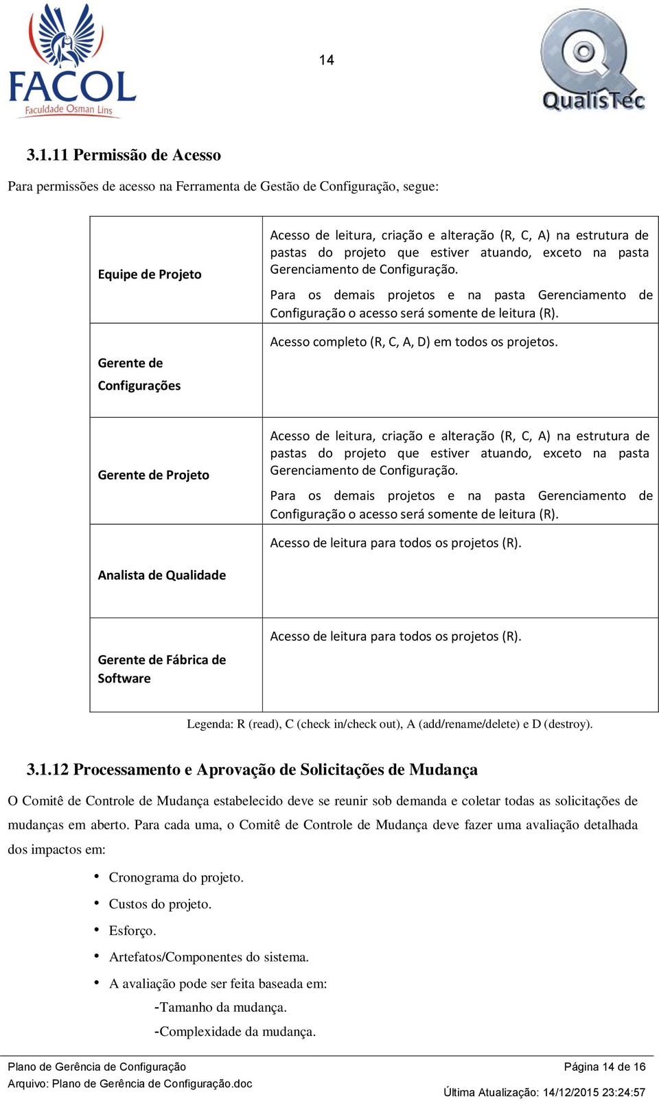 Para os demais projetos e na pasta Gerenciamento de Configuração o acesso será somente de leitura (R). Acesso completo (R, C, A, D) em todos os projetos.