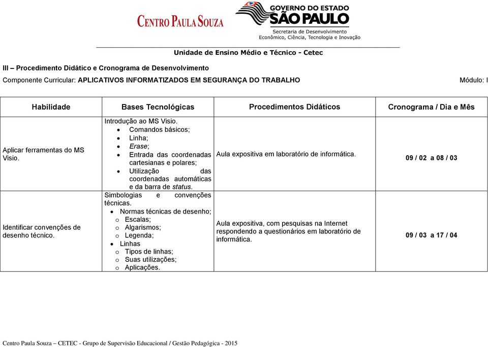 Comandos básicos; Linha; Erase; Entrada das coordenadas cartesianas e polares; Utilização das coordenadas automáticas e da barra de status. Simbologias e convenções técnicas.