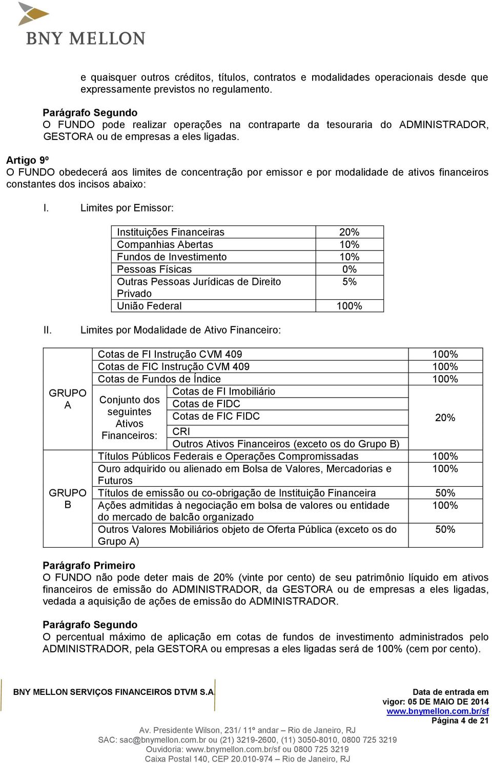 Artigo 9º O FUNDO obedecerá aos limites de concentração por emissor e por modalidade de ativos financeiros constantes dos incisos abaixo: I.