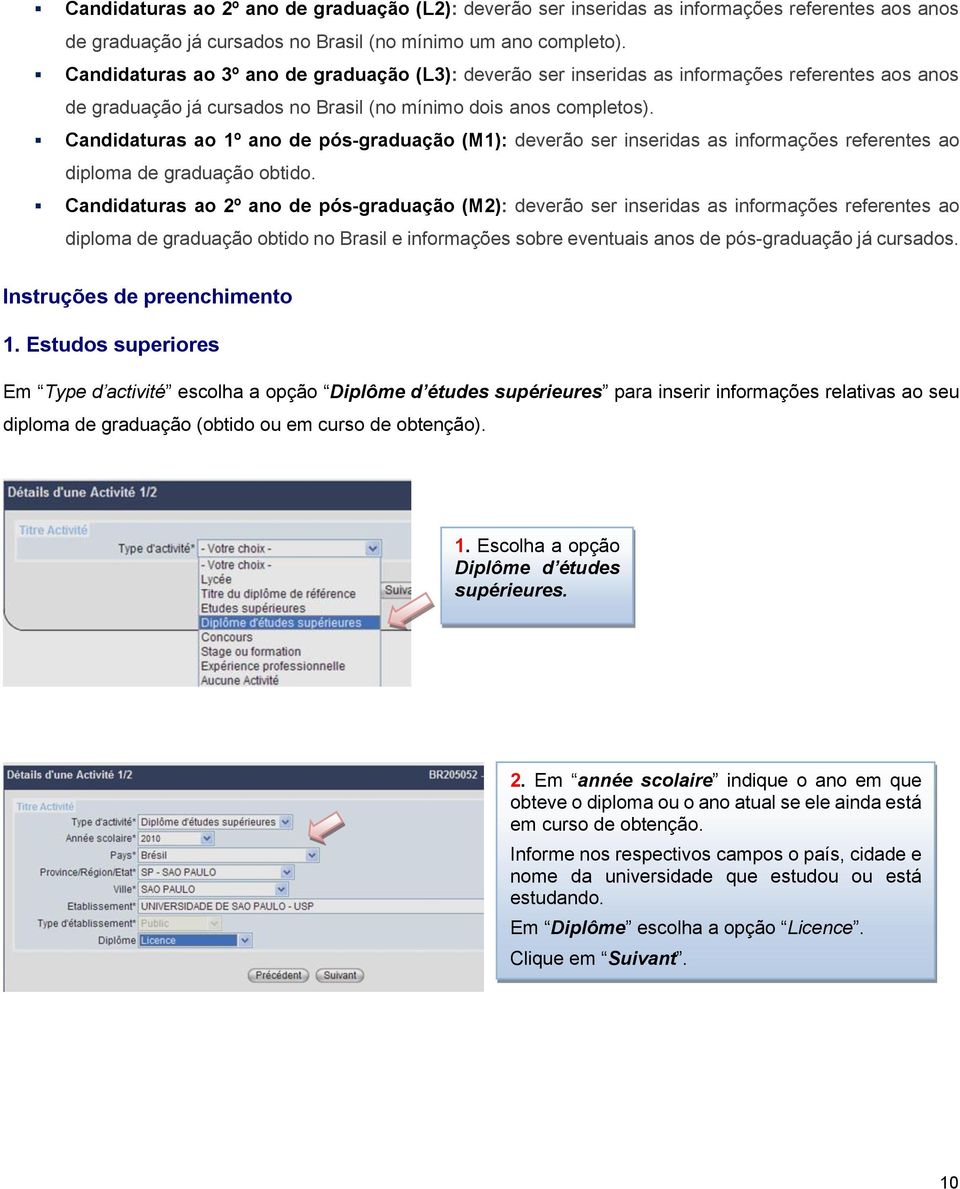 Candidaturas ao 1º ano de pós-graduação (M1): deverão ser inseridas as informações referentes ao diploma de graduação obtido.