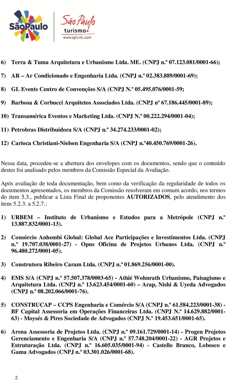 294/0001-04); 11) Petrobras Distribuidora S/A (CNPJ n.º 34.274.233/0001-02); 12) Carioca Christiani-Nielsen Engenharia S/A (CNPJ n.º40.450.769/0001-26).