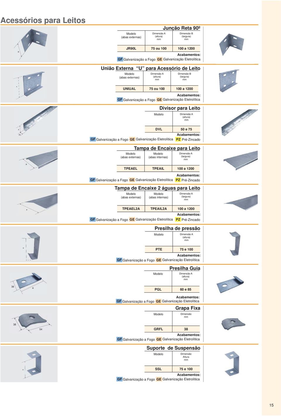 a 1200 PZ Pré-Zincado Tampa de Encaixe 2 águas para Leito TPEAEL2A TPEAIL2A 100 a 1200 PZ Pré-Zincado Presilha